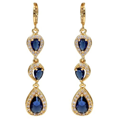 18K Gold Plated, Dangle Earrings for Women, Flower/Heart Drop earrings, Hypoallergenic Cubic Zirconia Earrings, Lightweight, Party, gold earrings, Jewelry for Gifts, Fashion - style: 0354-Navy