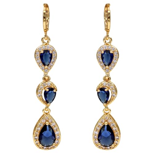 18K Gold Plated, Dangle Earrings for Women, Flower/Heart Drop earrings, Hypoallergenic Cubic Zirconia Earrings, Lightweight, Party, gold earrings, Jewelry for Gifts, Fashion - style: 0354-Navy
