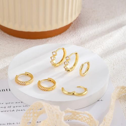 Rotnso Gold Hoop Earrings Set for Women Hypoallergenic Trendy Huggie Stack - style: 3 Pairs Rhombus CZ Hoops-GD