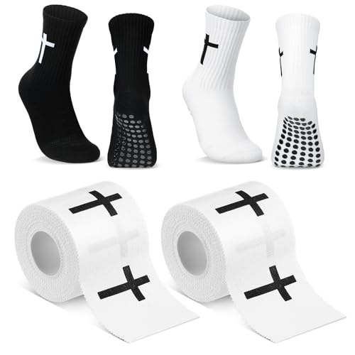 TrelaCo 2 Sets Cross Grip Socks with 2 Pcs Christian Athletic Tape Jesus Soccer Grip Socks Cotton Sports Athletic Tape Serrated Edges for Easter Gifts Football Baseball(Black White,Cross) - color: Cross