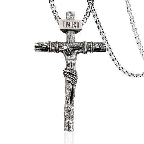 Crucifix Cross Necklace for Men and Women with Exquisite Jesus Pendant and Stainless Steel Chain 16-30 Inch - color: Antique White Gold, size: 20 Inch=51CM(Women's Average Length), style: Small Pendant-1.3"x0.8"