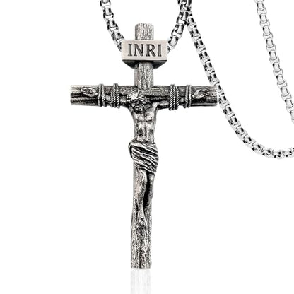 Crucifix Cross Necklace for Men and Women with Exquisite Jesus Pendant and Stainless Steel Chain 16-30 Inch - color: Antique White Gold, size: 24 Inch=61CM, style: Medium Pendant-1.8"x1.1"