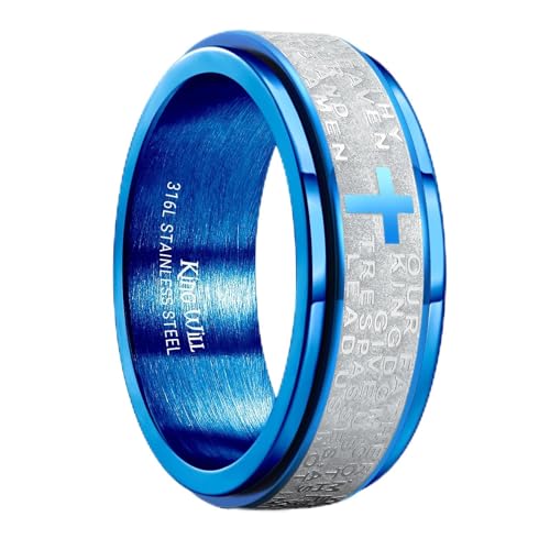 King Will 8mm Black/Gold/Silver Prayer Stainless Steel Ring - color: Blue-Silver