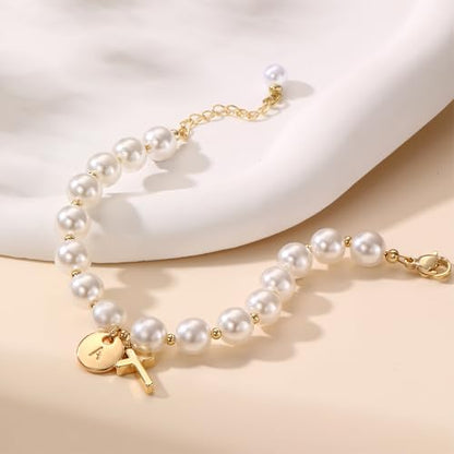 Cross Initial Bracelet Dainty Gold Cross Pearl Bracelet with Letter A-Z Christian Baptism Gifts Religious Faith Jewelry Stocking Stuffers for Teens - color: Gold E
