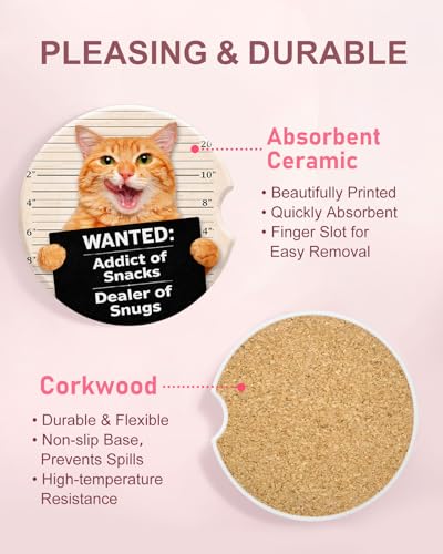 Swooflia 2 Pack Absorbent Ceramic Car Coasters for Women - color: Wanted Cat