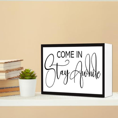 Come in Stay Awhile Sign Wooden Box Desk Decor,Rustic Farmhouse Home Wood Block Sign for Home Living Room Shelf Tabletop Decor 10'' x 6'' - style: Come in Stay Awhile