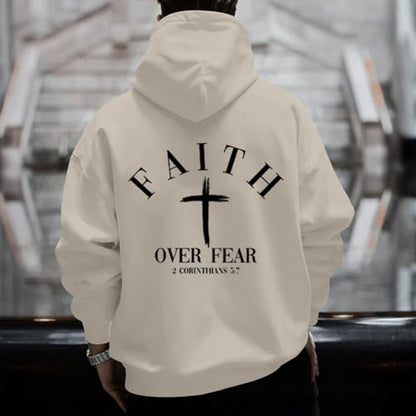 Men Faith Over Fear Christian Cross Graphic Pullover Hoodie - color: Apricot, size: X-Large