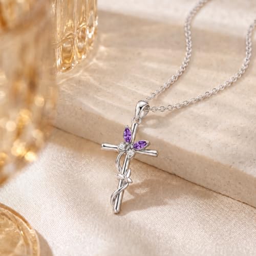 Distance Cross Necklace for Women 925 Sterling Silver Jewelry Pendant Necklace for Mom Wife Gift for Mother's Day or Birthday - style: 02-Amethyst