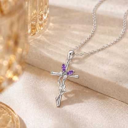 Distance Cross Necklace for Women 925 Sterling Silver Jewelry Pendant Necklace for Mom Wife Gift for Mother's Day or Birthday - style: 02-Amethyst
