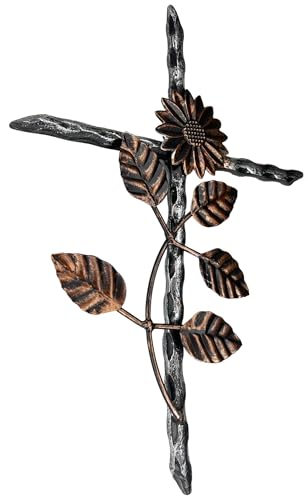Top Brass 12” Metal Wall Mount Cross – Sunflower/Daisy Floral Garden Design – Holy Celtic Crucifix Silver & Copper Finish, Modern Rustic Jesus Art Sculpture