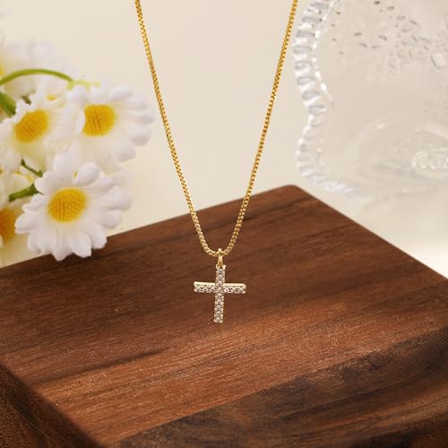 Cross Necklace For Women,14K Gold Plated Small Dainty Colorful Beaded Cubic Zirconia Diamond Double Layered Cross Pendant Choker Necklaces For Women,Christian Easter Religious Jewelry Gifts - style: Box Chain Small CZ Cross-Gold