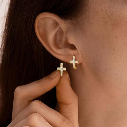 LOYATA Gold Cross Earrings for Women-14K Gold Plated Small Hoop Huggie Earrings Dainty Trendy CZ Cross Hoop Earring Cute Hypoallergenic Hoops Jewelry Gifts for Women Mothers Day Gifts for Mom - color: CZ