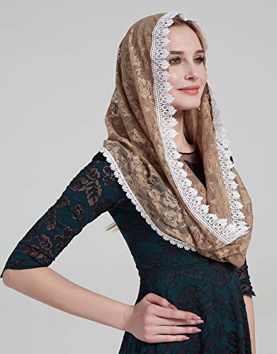 YHDDYG Infinity Veil for Catholic Mass Lace Infinity Scarf Church Veil for Girls Mantilla Infinity Veils Roses S97 - color: Champagne Infinity