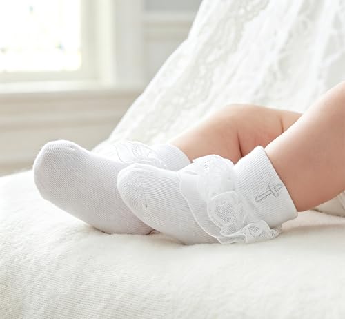 Baptism Socks for Baby Girls - White Newborn Christening Socks With Cross & Eyelet Frilly Lace - color: A-white