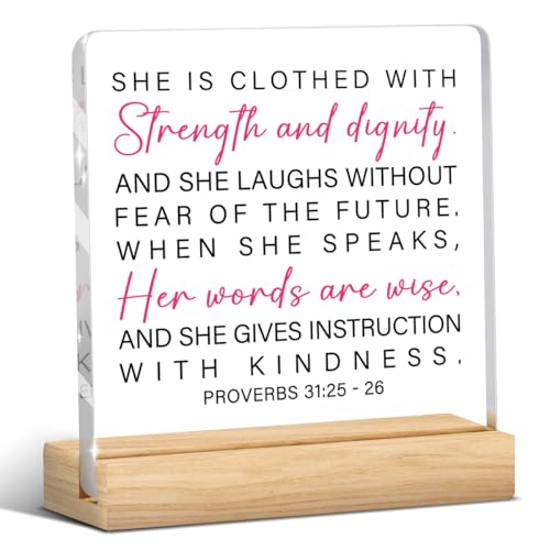 Inspirational Proverbs 31 Woman Gifts,Christian Decor, She Is Clothed With Strength And Dignity Sign Christian Bible Verse Decorations for Home Office Prayer Room Tabletop Shelf - color: She is Clothed With Strength And Dignity