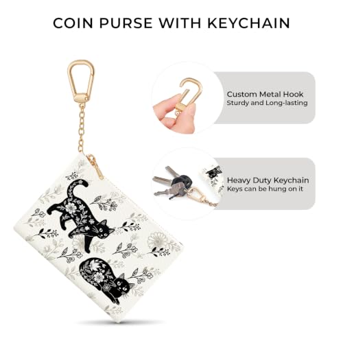 Cat Floral Keychain Coin Purse for Women, Small Change Pouch - color: Cat Flower