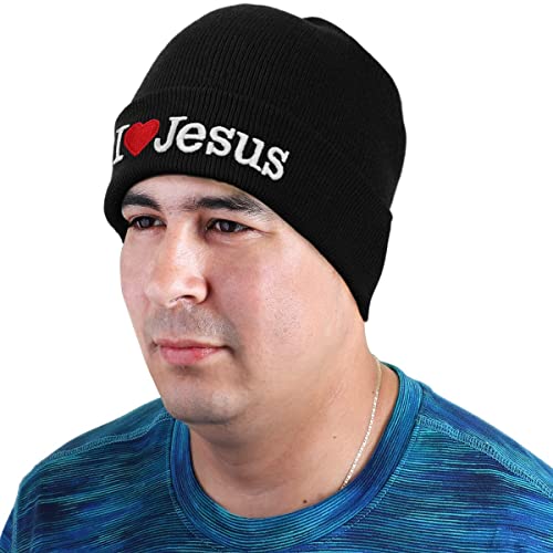 I Love Jesus Beanie Hat Ski Cap All Seasons Embroidered Solid Color - color: Black
