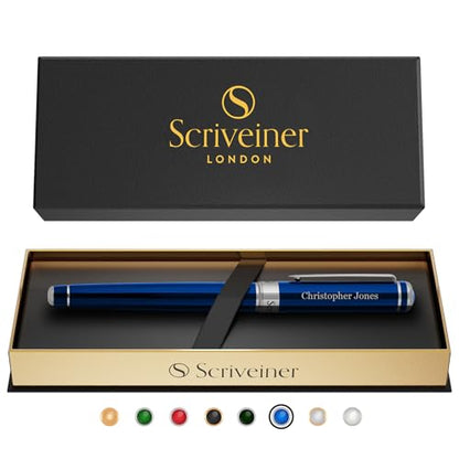 Scriveiner Personalized Midnight Blue Rollerball Pen - Stunning Blue Lacquer Luxury Pen, Chrome Finish, Schmidt Ink Refill, Best Engraved Roller Ball Gift Set for Men & Women, Custom Name Engraving - color: Midnight Blue with Chrome (Personalized)