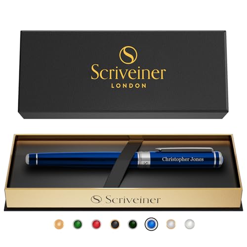 Scriveiner Personalized Midnight Blue Rollerball Pen - Stunning Blue Lacquer Luxury Pen, Chrome Finish, Schmidt Ink Refill, Best Engraved Roller Ball Gift Set for Men & Women, Custom Name Engraving - color: Midnight Blue with Chrome (Personalized)