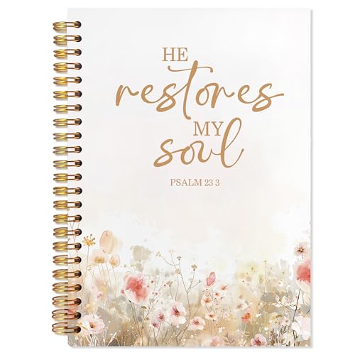 Christian Notebook for Women, Christian Gifts Journal, Prayer Journal for Women, Bible Journaling Notebook, PSALM 23:3 He Restores My Soul Floral Spiral Notebook 5.5x8.3 - color: Beige