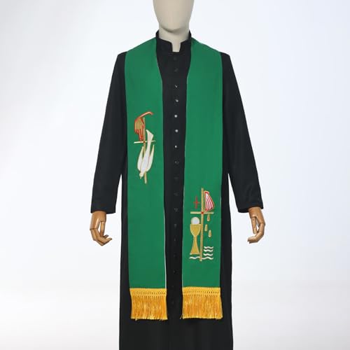 BLESSUME Priest Reversible Stole Embroidered Clergy Stole with Tassels Church Minister Pastor Wedding Shawls - color: White and Green