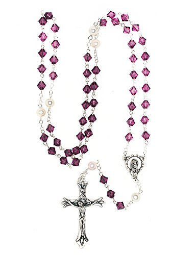 Catholic Prayer Rosary Created with Swarovski® Crystals-Glass-Silver-Gold - color: Amethyst - February - SILVER