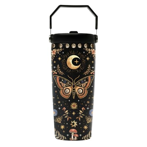 Hiboss Witchy Gifts for Women, Goth Butterfly Tumbler with Handle and Flip Straw 28oz, Insulated Stainless Steel Gothic Moth Moon Floral Travel Coffee Cup Mug - color: Butterfly - 02