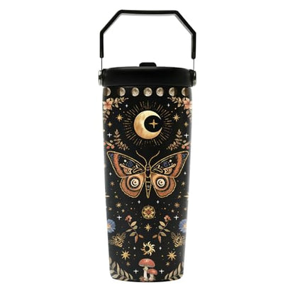 Hiboss Witchy Gifts for Women, Goth Butterfly Tumbler with Handle and Flip Straw 28oz, Insulated Stainless Steel Gothic Moth Moon Floral Travel Coffee Cup Mug - color: Butterfly - 02