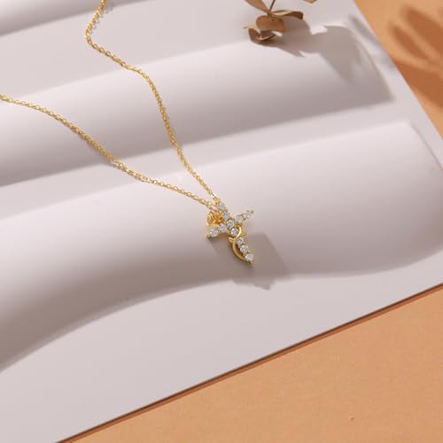 925 Sterling Silver Cross With Crown Necklace for Women 16+2 Inch - color: Gold 2