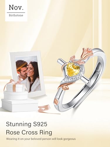 Birthday Gifts Birthstone Rings for Women 925 Sterling Silver Birthstone Rings Anchor/Tree of Life/Snake/Rose Cross Faith Religous Jewelry Gift for Wife Mom Grandma - color: 11-Citrine (C), style: Rose Cross