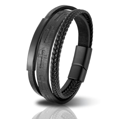 Mens Leather Cross Bracelet Multilayer Braided Wristband Bangle Bracelets with Stainless Steel Buckle Religious Gift for Men Brown/Black/Blue–8.3 inch - color: Black-2, size: 8.3in(Fits most wrists)