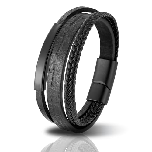 Mens Leather Cross Bracelet Multilayer Braided Wristband Bangle Bracelets with Stainless Steel Buckle Religious Gift for Men Brown/Black/Blue–8.3 inch - color: Black-2, size: 9in(Fits larger wrists)