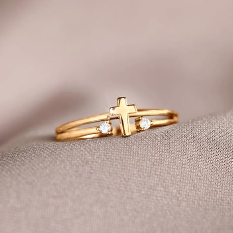 925 Sterling Silver Adjustable Cross Ring for Women - color: Gold