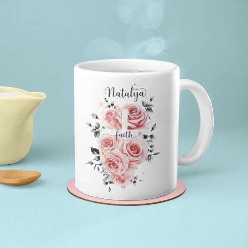 Customized Christian Mug With Name, Novelty Religious Gift, Floral Cross Ceramic Cup For Women Girls, Personalized Christian Faith Coffee Cup 11oz, Unique White Mug With Religious Theme - color: XUA-624-2300-Floral Cross
