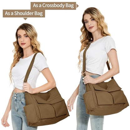 KALIDI Canvas Tote Bag Zipper Large Crossbody Shoulder Bag Messenger Bag - color: Upgraded Brown