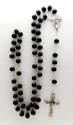 Eurofusioni Catholic Rosary beads Prayer men and women - Black wooden bead necklace and silver plated cross