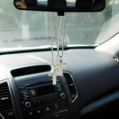 Cross Pendant for Car Rearview Mirror Hanging, Stainless Steel Cross with Drive Safe Message, Meaningful Car Charm Gift for Drivers and Loved Ones (Silver) - color: Silver