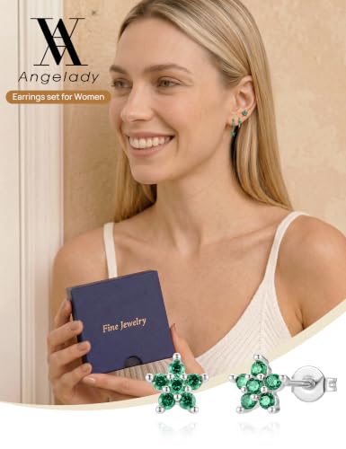 Angelady Gold Hoop Earrings Set for Women, Dainty 14K Gold Plated Flower Moon Cross Dangle Earrings, Hypoallergenic Huggie Hoop Earring Stacks, Stud Earrings for Women Trendy Jewelry Gift - color: Silver Green CZ