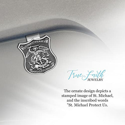 True Faith Jewelry Pewter St Michael Shield Car Visor Clip, Archangel Patron Saint of Police, Law Enforcement Officer Gifts for Men and Women, Fine Pewter (92% Tin), 1-1/2 x 1-1/8 Inch - size: St. Michael (Shield) 2
