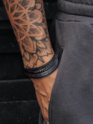 Mens Leather Cross Bracelet Multilayer Braided Wristband Bangle Bracelets with Stainless Steel Buckle Religious Gift for Men Brown/Black/Blue–8.3 inch - color: Black-1, size: 9in(Fits larger wrists)