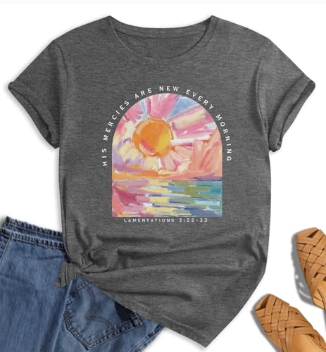 Christian Shirts for Women：Bible Verse T-Shirts Jesus God Faith Floral Graphic Vintage Boho Tees Short Sleeve Tops - color: Darkgrey Morning, size: X-Large