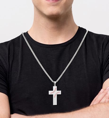 Baseball Cross Necklace for Men, Bible Verse Pendant Gifts for Birthday Christmas, Baptism Christian Religious Baseball Accessories Stuff Gifts - color: Silver, style: Always Remember