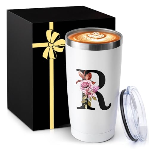20 Oz Insulated Coffee Cup with Lid Car Tumbler Travel Mug Women Birthday Christmas Xmas Day Holiday Female Boss Teacher Aunt Big Small Sister Law Mother Step Mother Wedding Groom Bride Officiant Gift - style: Letter R