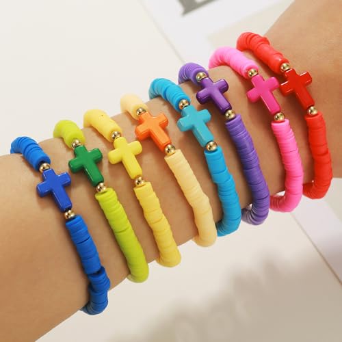 Caiyao 8Pcs Cross Bracelets Bohemian Rainbow Polymer Clay Cross Stretch Bracelets Colorful Stackable Cross Beads Elastic Bracelet for Women Summer Beach Friendship Jewelry Gifts - color: Set B