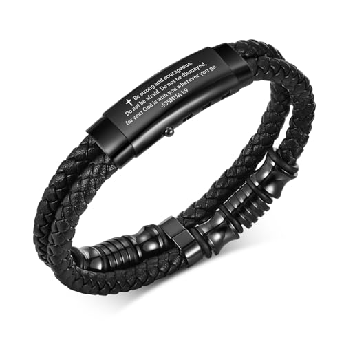 Men's Cross Bracelet Handsome Inspirational Quote Bible Verse Engraved Black Braided Leather Bracelets for Men Religious Jewelry Christmas Baptism Confirmation Christian Gifts for Son Husband Man - style: 05: Be strong and courageous