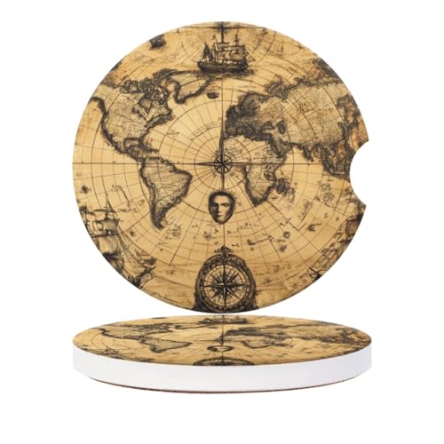 Cup Holder for Car,Rustic Ancient World Map Print Ceramic Coasters Non-Slip Cup Holder Insert with Fingertip Grip, Auto Interior Accessories for Women & Men,Pack of 2, 2.56In - color: World Exploration on Map