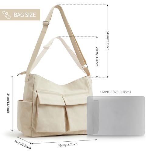 KALIDI Canvas Tote Bag Zipper Large Crossbody Shoulder Bag Messenger Bag - color: Upgraded Beige