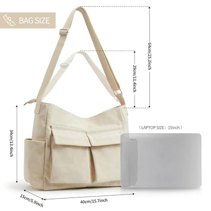 KALIDI Canvas Tote Bag Zipper Large Crossbody Shoulder Bag Messenger Bag - color: Upgraded Beige