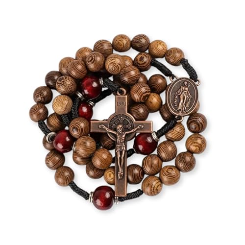 Nazareth Store Classic 10mm Solid Wood Rosary Beads Necklace for Men Olive & Dark Red Wooden Strong Rugged Corded Catholic Rosary with St.Benedict Medal & Cross Crucifix - color: Olive & Dark Red Wood, style: Guadalupe