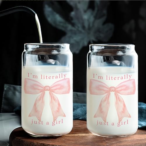 Coquette Pink Bow Girly Aesthetic Glass Cup with Lids and Straws 14oz, I'm Literally Just a Girl Glass Iced Coffee Tumbler Drinking Jars with Cleaning Brush, Girly Gifts for Women - color: Pink Bow4